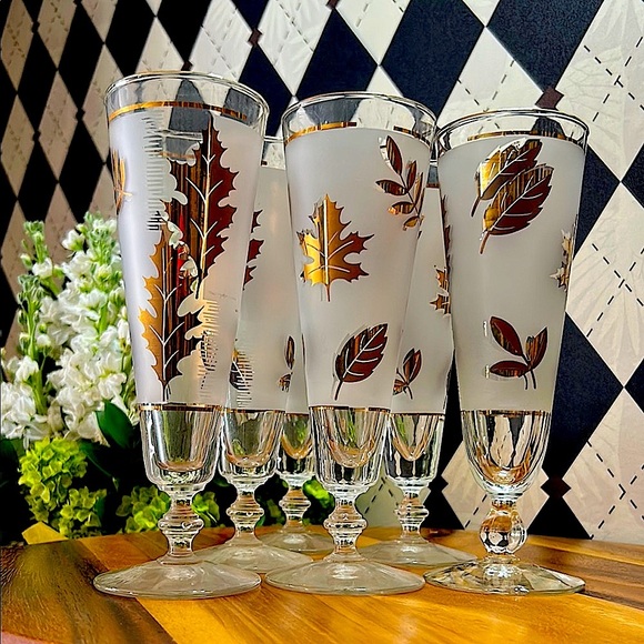 Other - Vintage Libbey 22k Gold Foliage Pilsner Glasses (Set of 6) |Barware Mid Century